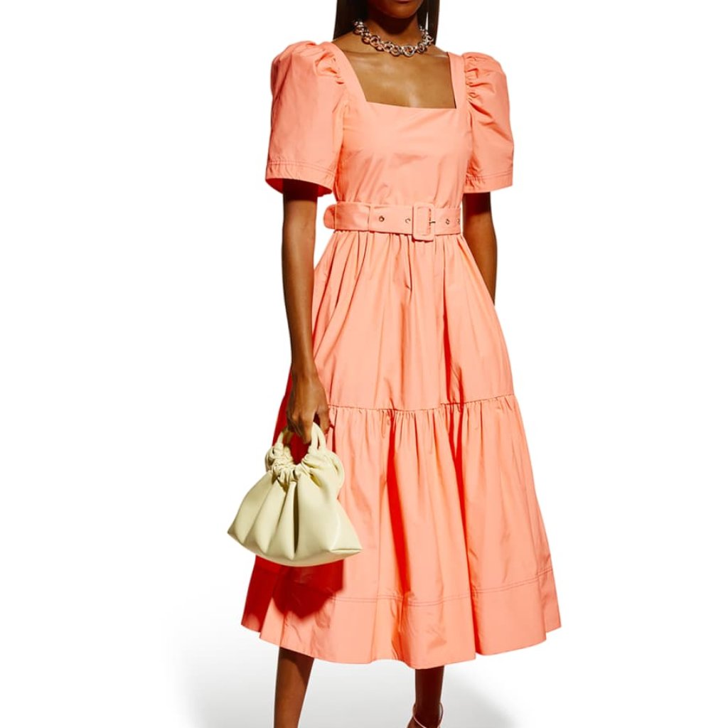 Tanya Taylor Delilah Square-Neck Midi Dress In Fluo Melon Size Xs